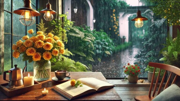 A cozy cafe scene with a window overlooking a rainy street. A steaming cup of coffee and an open book rest on a table. Soft jazz music plays in the background.