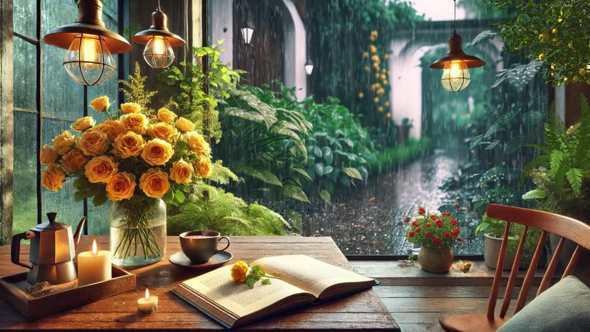 A cozy cafe scene with a window overlooking a rainy street. A steaming cup of coffee and an open book rest on a table. Soft jazz music plays in the background.